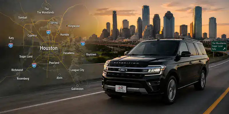 Ford Expedition with Lavish Ride branding driving through Greater Houston beside a map highlighting major suburbs including Katy, Sugar Land, The Woodlands, Pearland, and Pasadena.